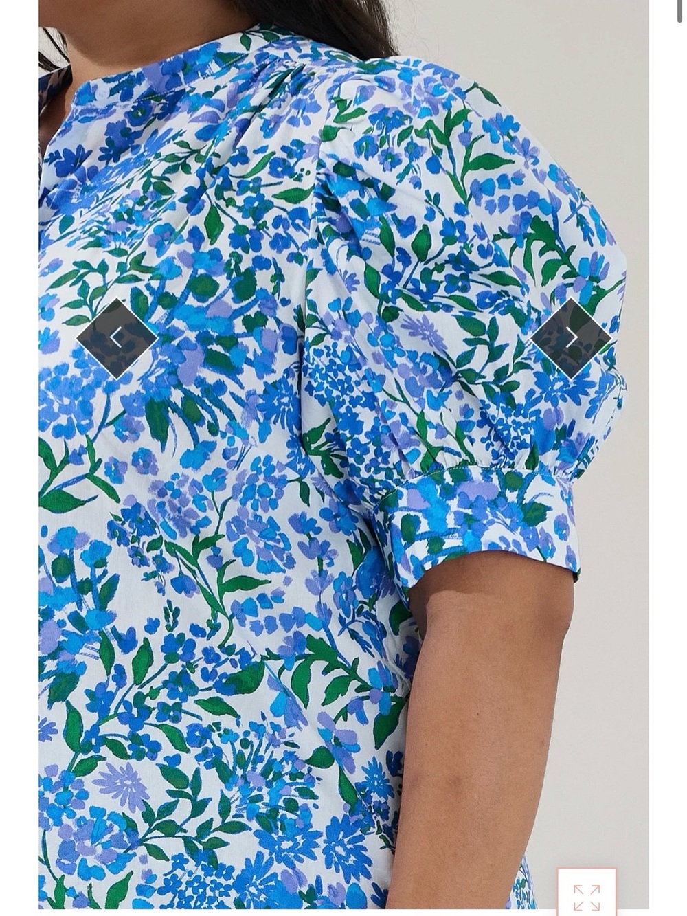 Sugarlips Blue Floral Puff-Sleeve Blouse with Green Accents - Picture 5 of 5